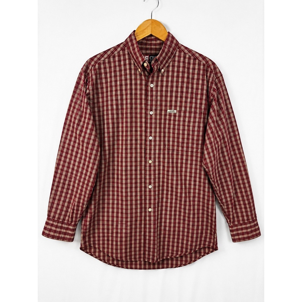 Chaps Ralph Lauren Mens Plaid Shirt Dark Red Tan Cotton Size M Y2K 90s Vtg